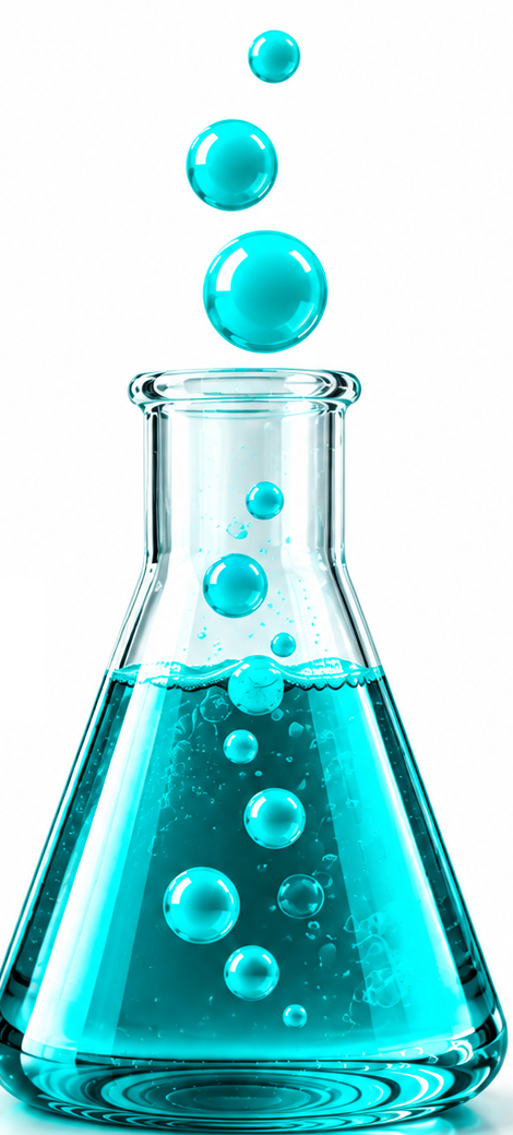 Glass lab flask filled with bubbling teal liquid